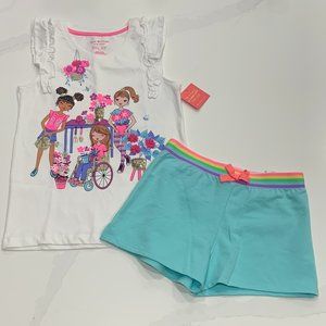 NWT 2pc Isaac Mizrahi Ruffle Sleeve Sequin Bike/Flower Top w shorts (7/8)